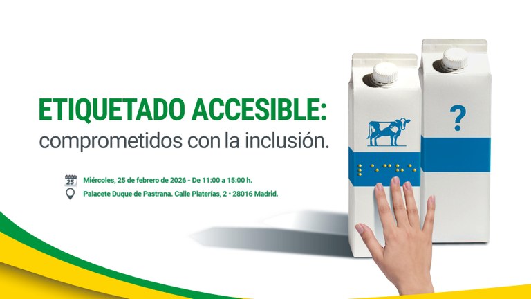 Imagen con la gráfica del evento: dos bricks de leche, uno con braille y otro sin él, y una mano leyendo la información. En la parte superior aparece el título del evento y, en la zona central, la fecha, la hora y el lugar.