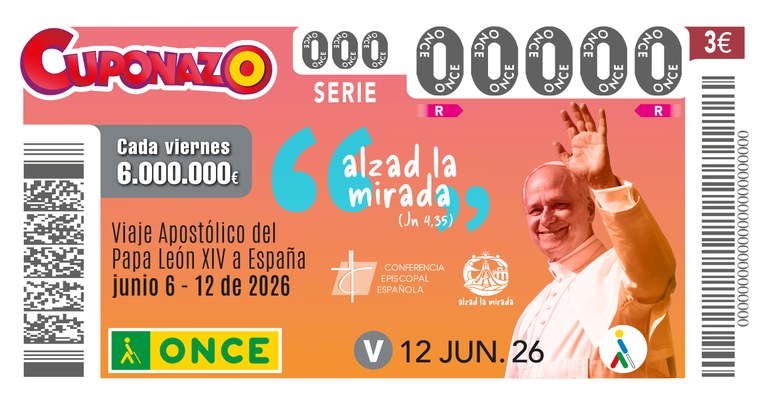 Imagen del cupón conmemorativo de la visita del papa León XIV a España
